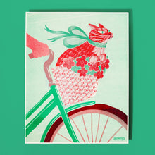 Load image into Gallery viewer, Cat in a Bike Basket Risograph Print | Bromstad Printing Co. (VA)

