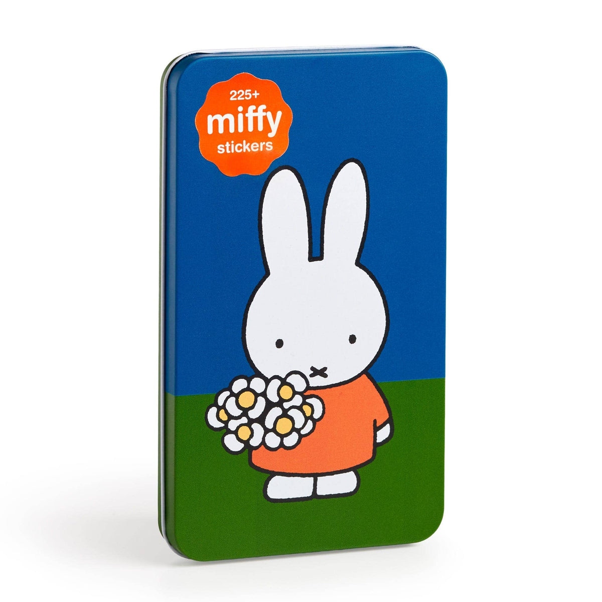 Miffy sticker tin shown at an angle, blue and green lid with Miffy holding a bouquet of daisies and a 225+ Miffy stickers badge