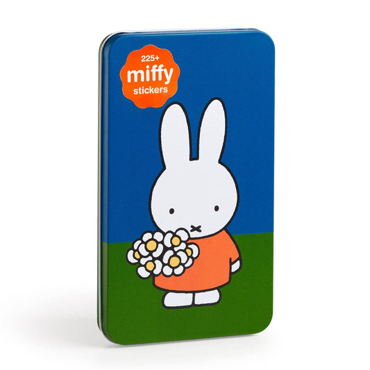 Miffy sticker tin shown at an angle, blue and green lid with Miffy holding a bouquet of daisies and a 225+ Miffy stickers badge