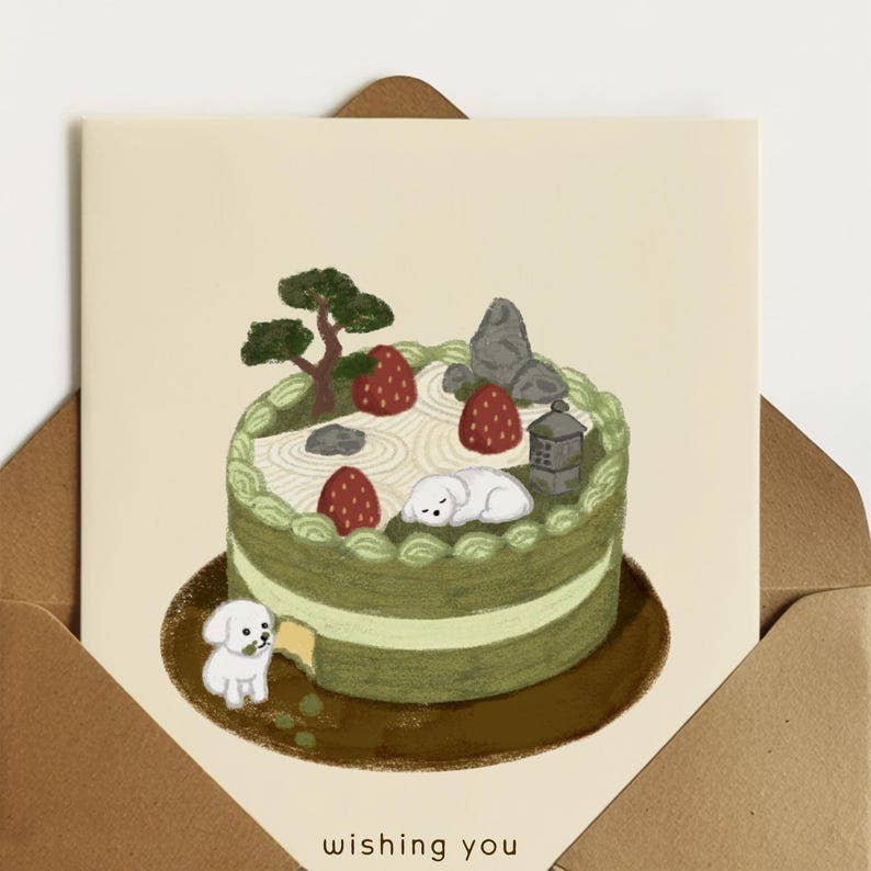 Zen Garden Dog Birthday Card by Hoshi – sleeping dog on a matcha cake Japanese garden