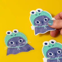 Load image into Gallery viewer, Frog Hat Cat Clear Sticker  | Bromstad Printing Co. (VA)
