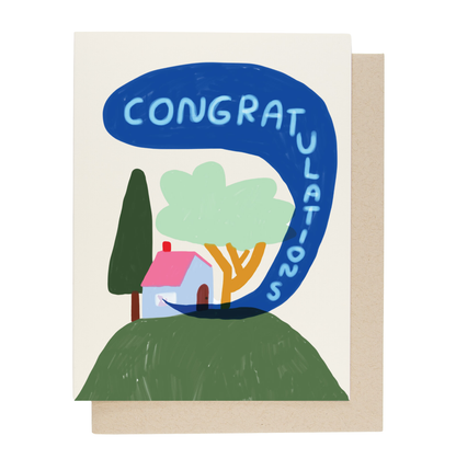 House Congrats card by People I've Loved with a little house wrapped in a Congratulations ribbon