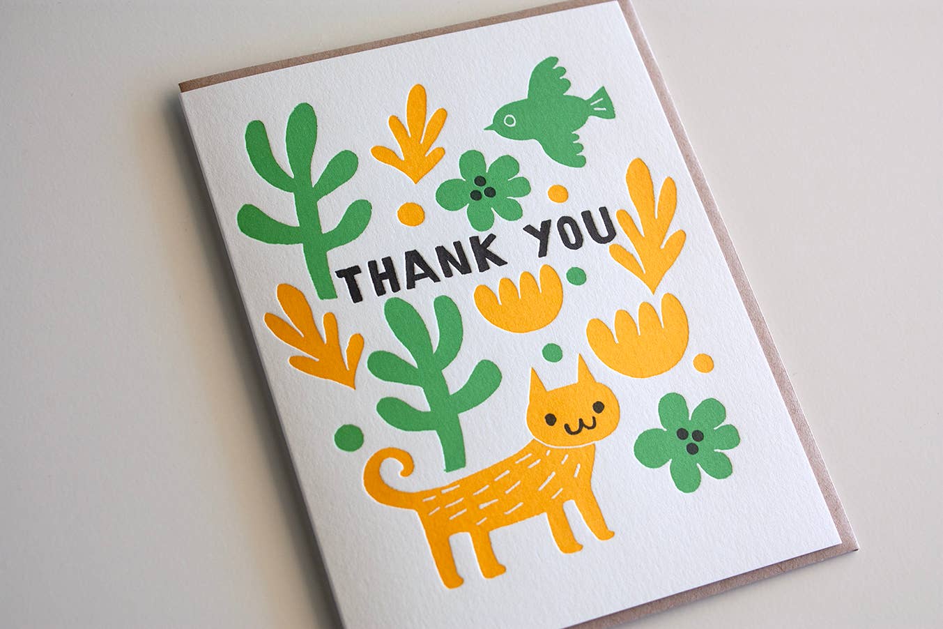 Bird Cat Thank You Letterpress Card | Fugu Fugu Press (CA)