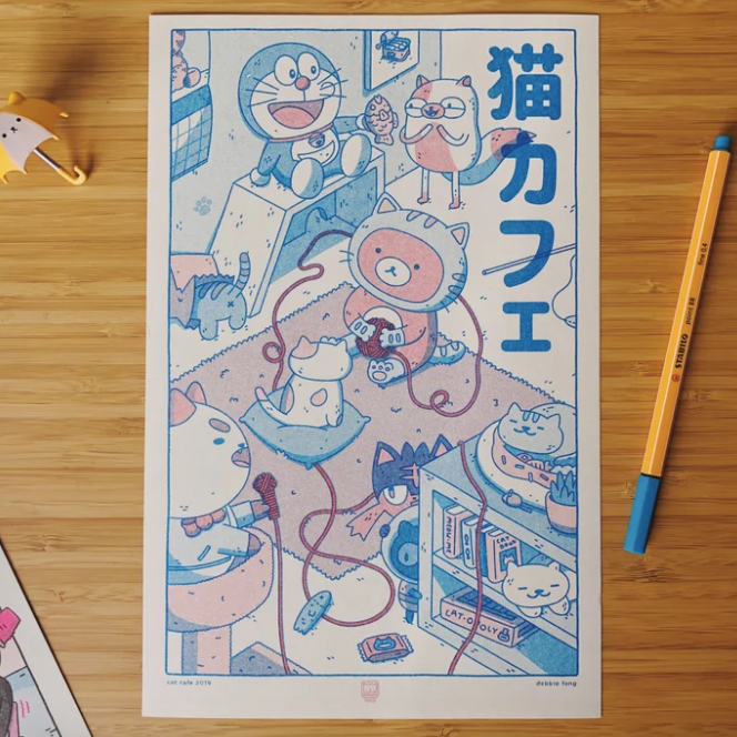 Cat Cafe Risograph Print | PommoPress (NY)