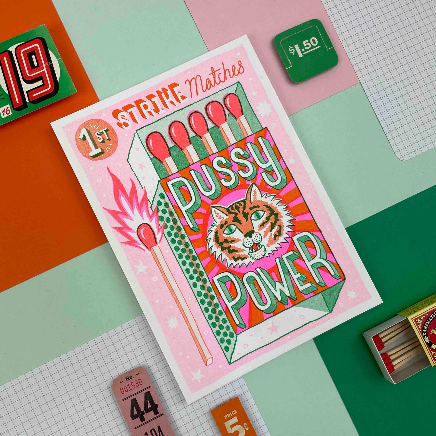 Pussy Power Matchbox A5 Risograph Print | Jacqueline Colley (UK)