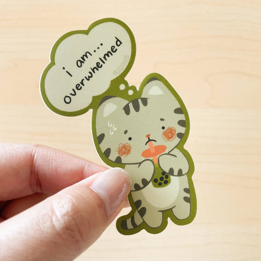 Overwhelmed Boba Cat Vinyl Sticker | Sarah Lee (CA)