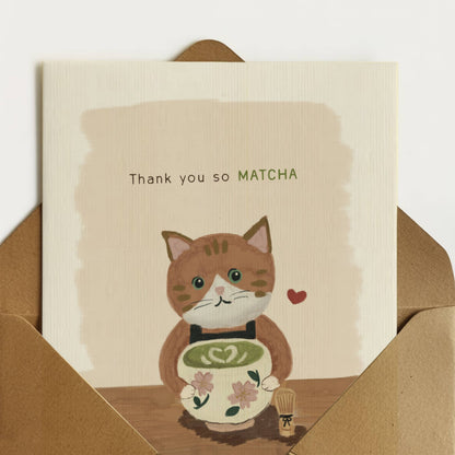 Thank You So Matcha Cat Card by Hoshi – cat holding a bowl of matcha