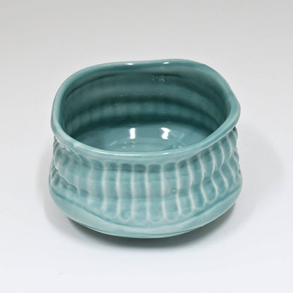 Turquoise Porcelain Mini Matcha Bowl | Ribbed Gloss Glaze | Japan