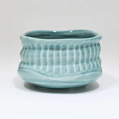 Turquoise Porcelain Mini Matcha Bowl | Ribbed Gloss Glaze | Japan