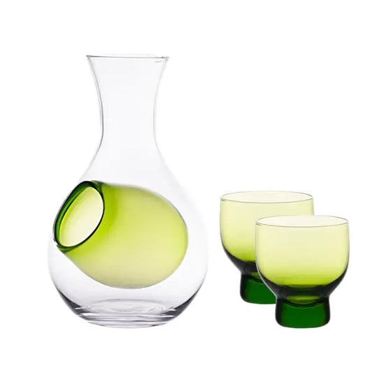 Glass Sake Bottle with Ice Pocket and 2 Cup Set – Green