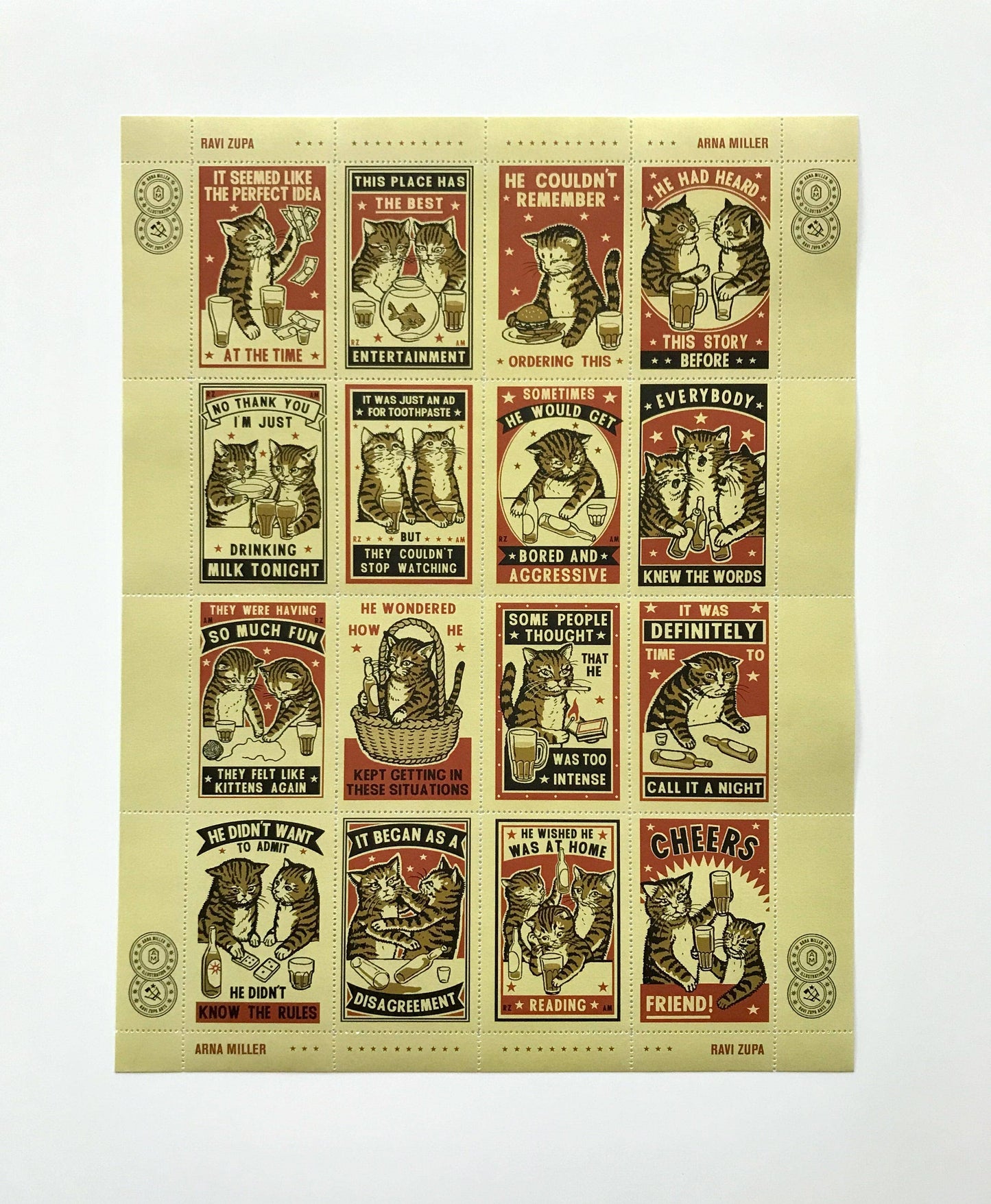 Portland Stamp Company Artist Series | Ravi Zupa & Arna Miller | Drunk Cats