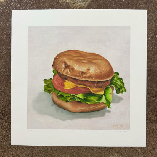 Burger giclée art print by Esther Chow, photographed in store