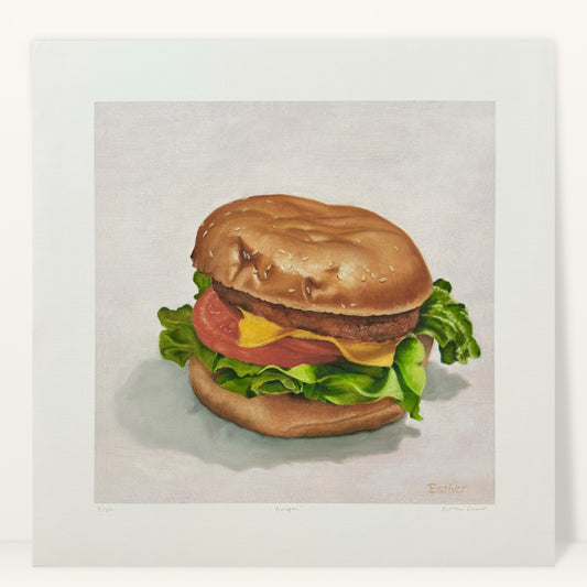 Burger giclée art print by Esther Chow, studio photo