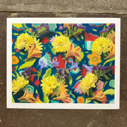 Language of Flowers 1 (Yellow and Blue) giclée art print by Esther Chow, photographed in store