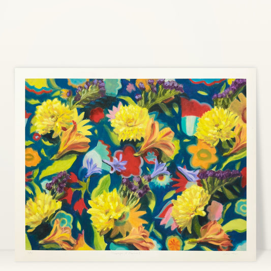 Language of Flowers 1 (Yellow and Blue) giclée art print by Esther Chow, studio photo