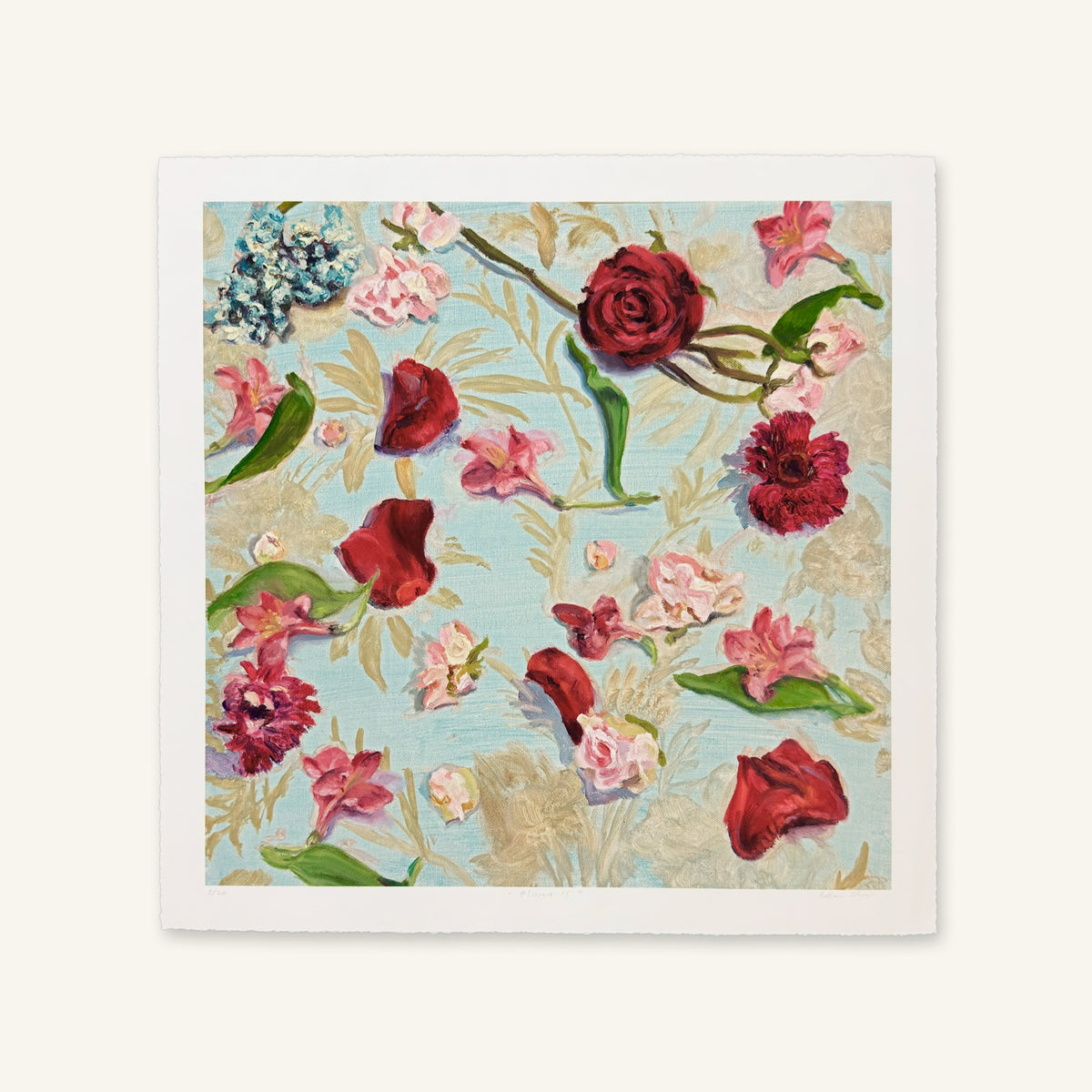 Language of Flowers 15 (Pink, Red and Blue) giclée art print by Esther Chow, photographed flat