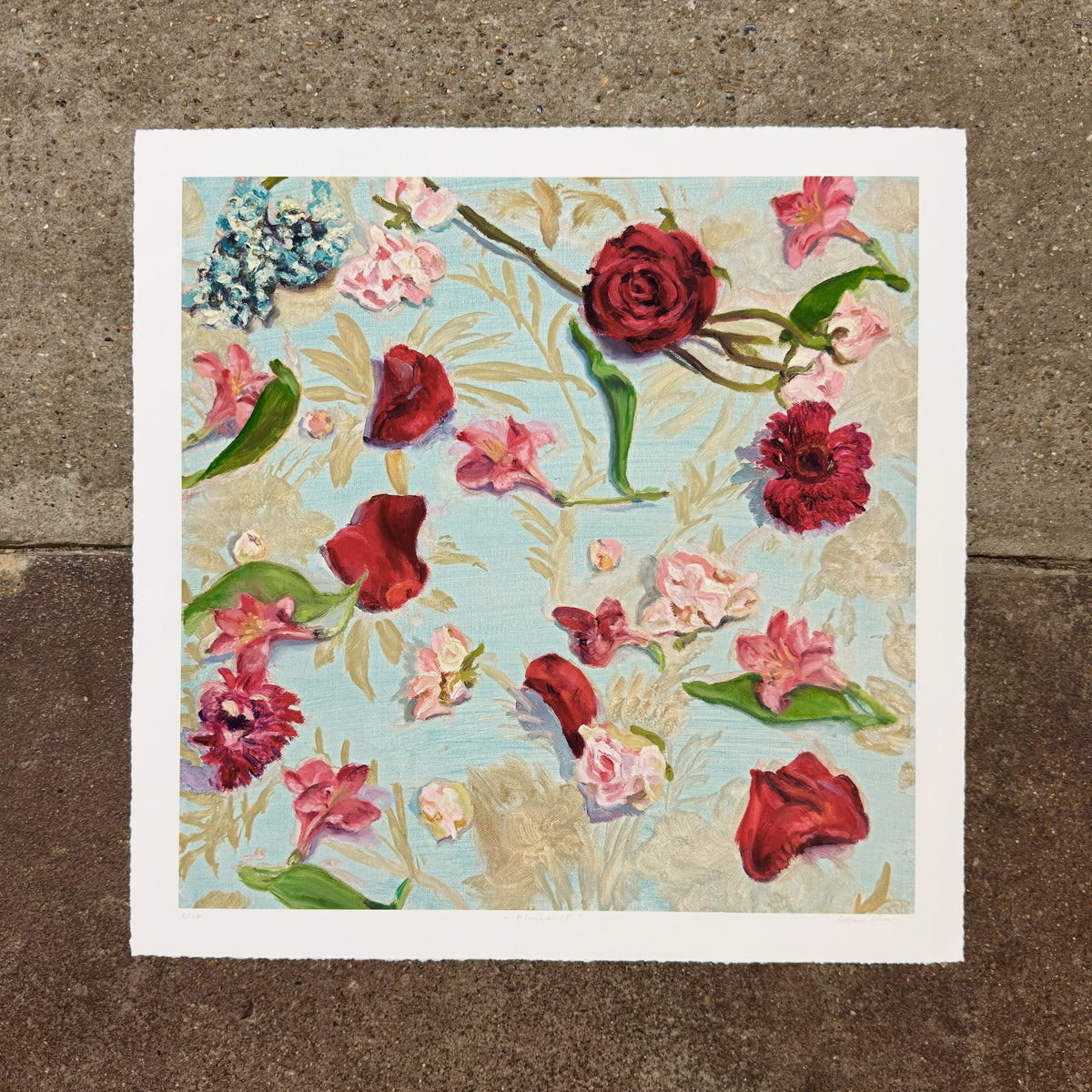 Language of Flowers 15 (Pink, Red and Blue) giclée art print by Esther Chow, photographed in store