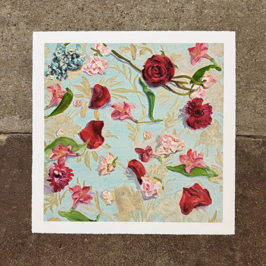 Language of Flowers 15 (Pink, Red and Blue) giclée art print by Esther Chow, photographed in store
