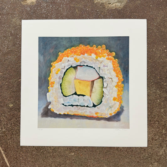 Sushi giclée art print by Esther Chow, photographed in store