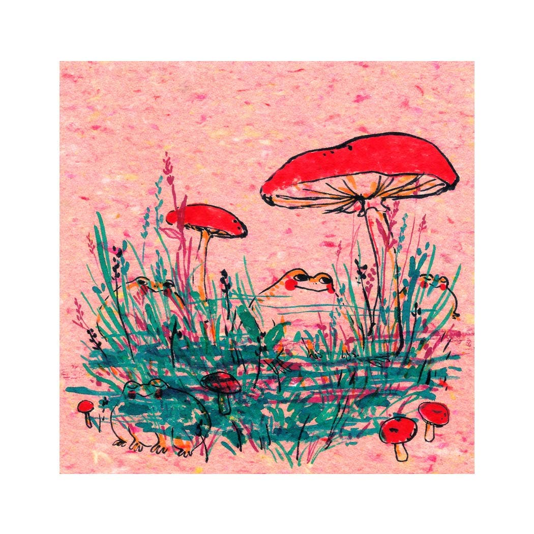 Frogs & Mushrooms On Pink Art Print | Rebekah Evans (NC)