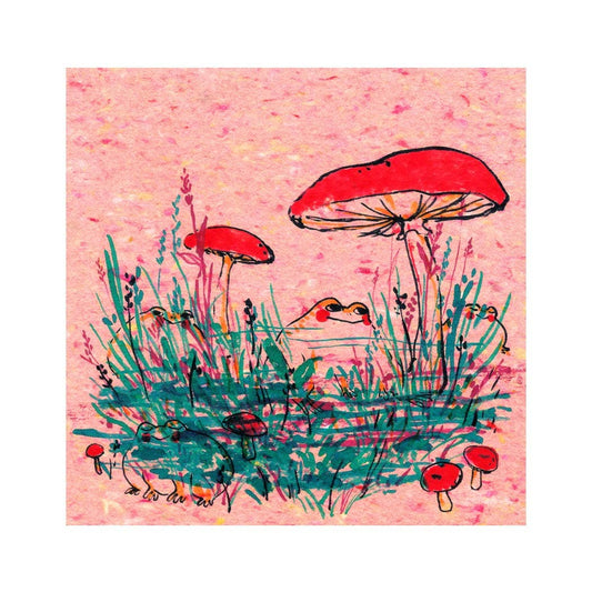 Frogs & Mushrooms On Pink Art Print | Rebekah Evans (NC)