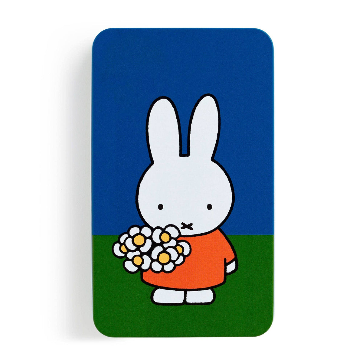 Miffy sticker tin lid straight on, showing Miffy with a bunch of daisies on a blue and green background