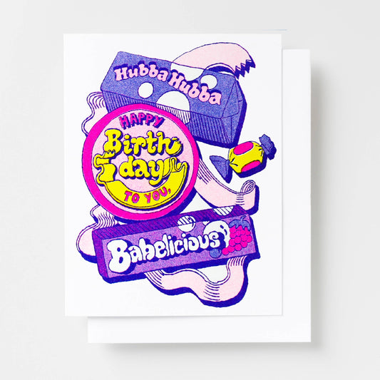 Happy Birthday Hubba Hubba Babelicious Risograph Card | Yellow Owl Workshop (CA)
