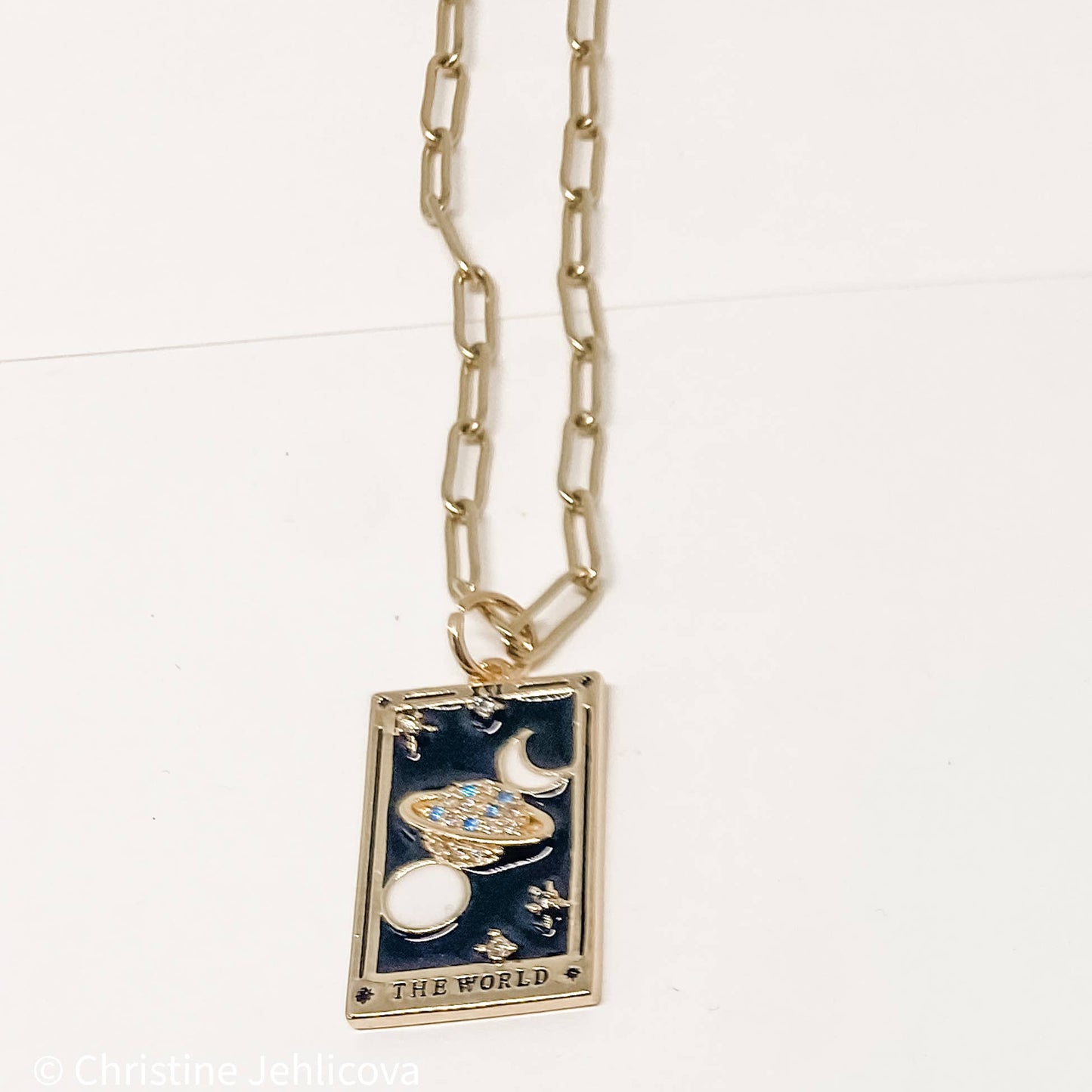 Tarot Card Necklace |The World | Steel/enamel glass/paperclip | Christine Jehlickova (ONT)