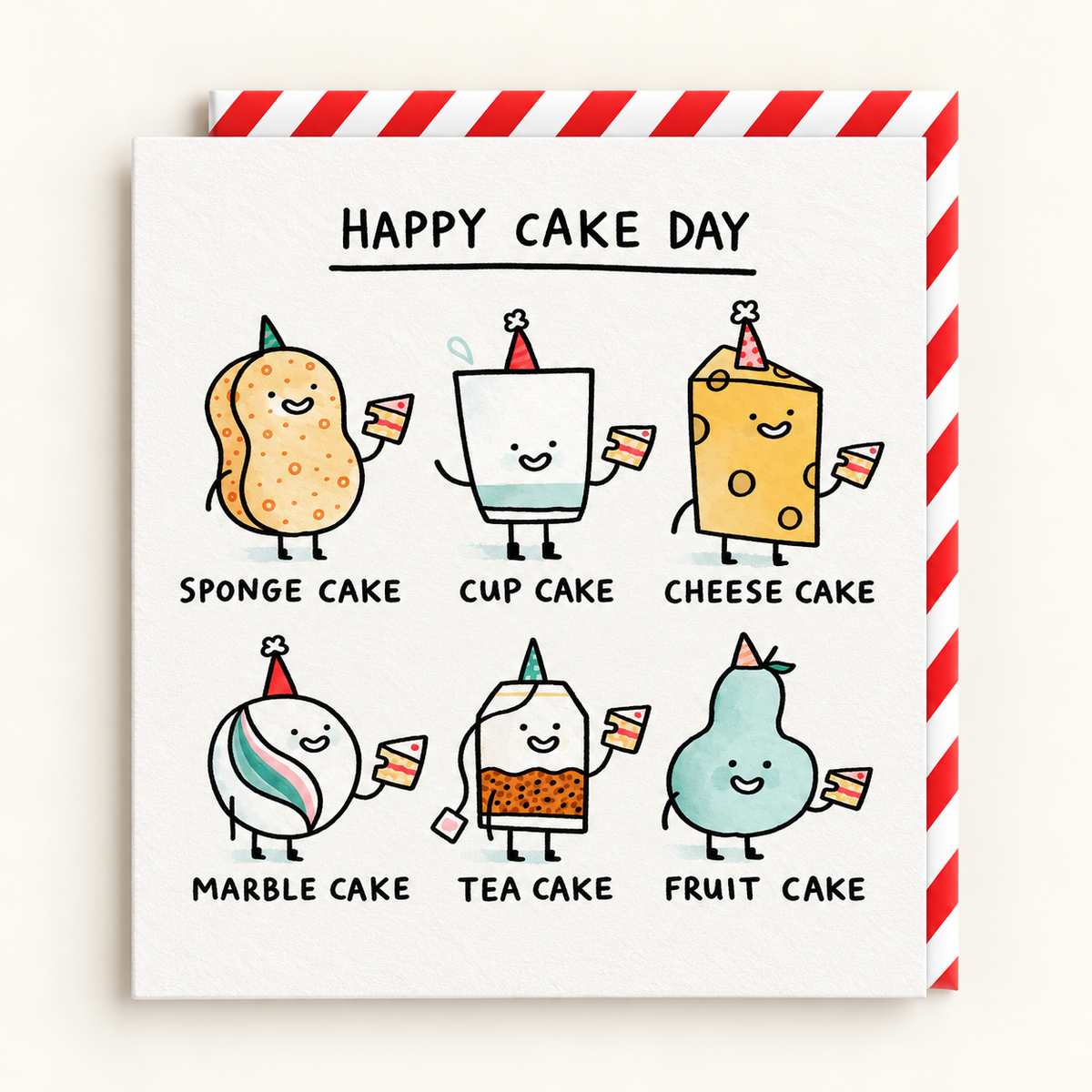 Happy Cake Day Birthday Card by Gemma Correll: six cake-pun characters in party hats, sponge cake, cup cake, cheese cake, marble cake, tea cake and fruit cake, with a red and white striped envelope