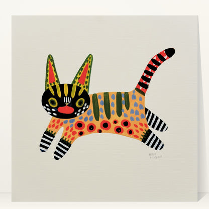 Leaping cat painted in alebrije style with a black face, spotted orange body, striped legs and a red striped tail, art print by Heidi Moreno