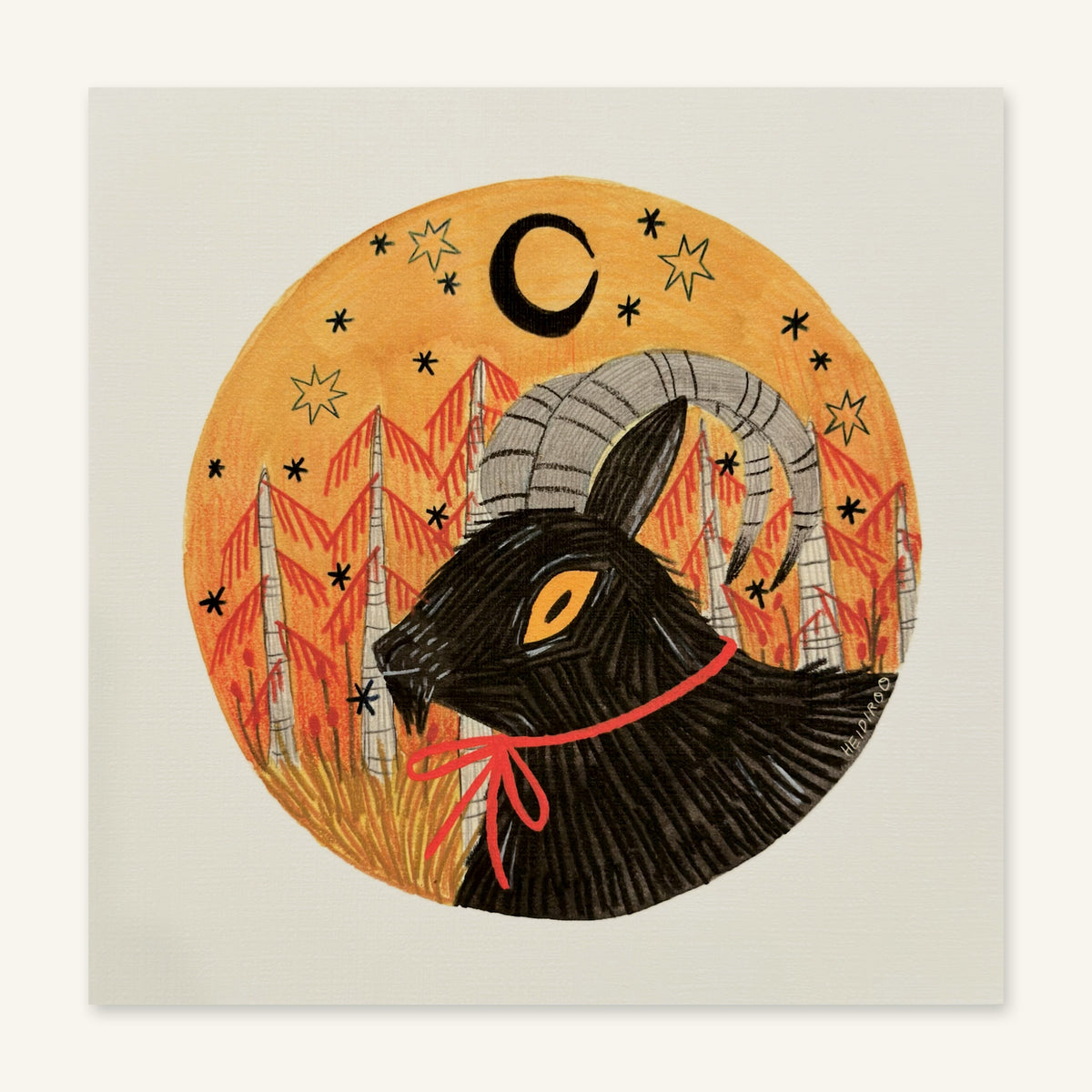 Black goat with curling gray horns and an orange eye wearing a red ribbon, in an orange circle with red pines, stars and a crescent moon, art print by Heidi Moreno shown flat