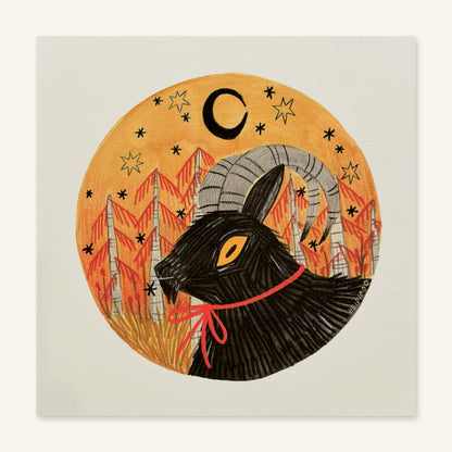 Black goat with curling gray horns and an orange eye wearing a red ribbon, in an orange circle with red pines, stars and a crescent moon, art print by Heidi Moreno shown flat