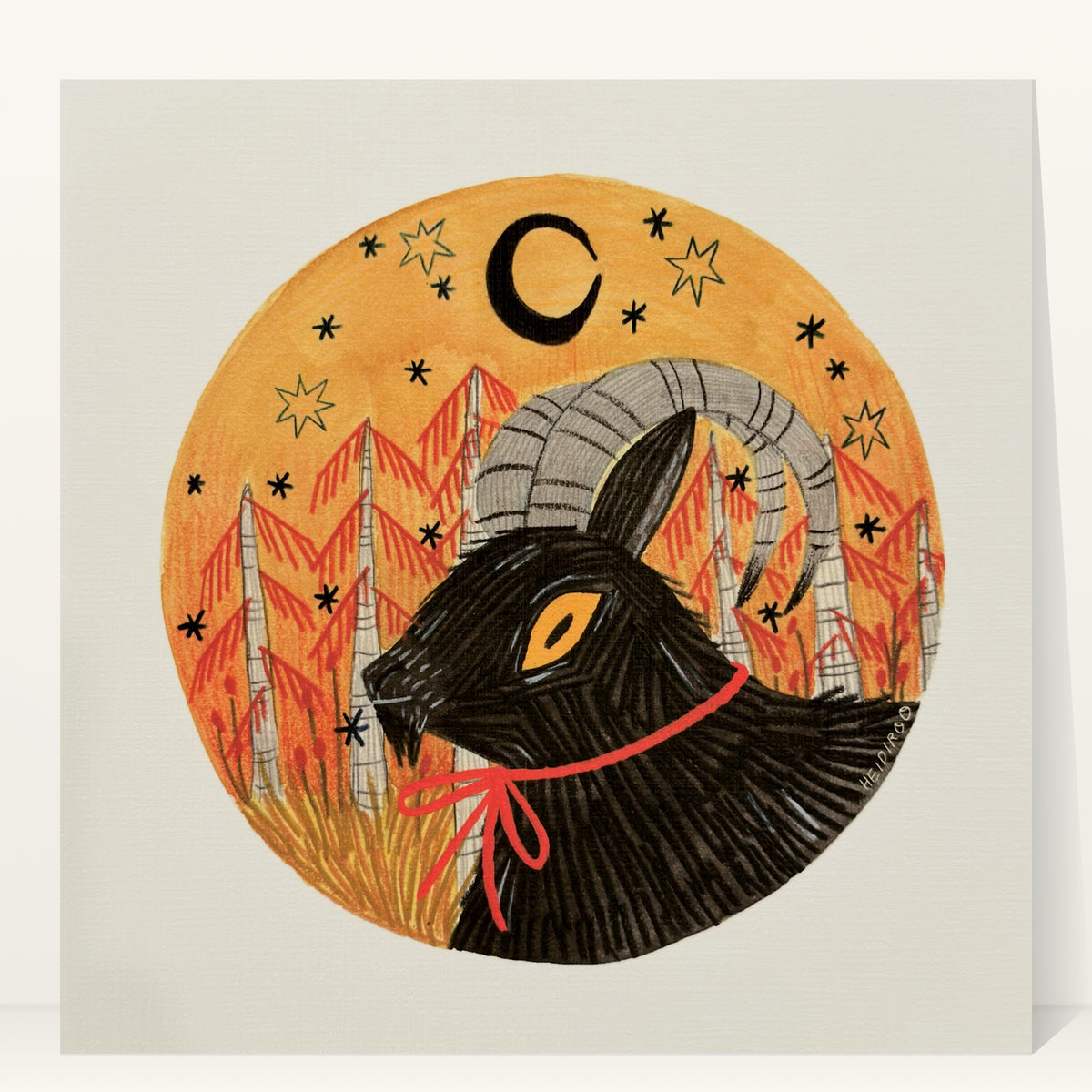 Black goat with curling gray horns and an orange eye wearing a red ribbon, in an orange circle with red pines, stars and a crescent moon, art print by Heidi Moreno