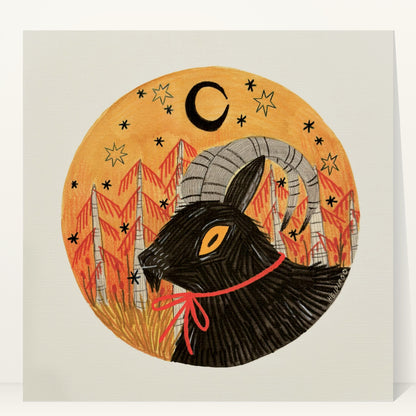 Black goat with curling gray horns and an orange eye wearing a red ribbon, in an orange circle with red pines, stars and a crescent moon, art print by Heidi Moreno