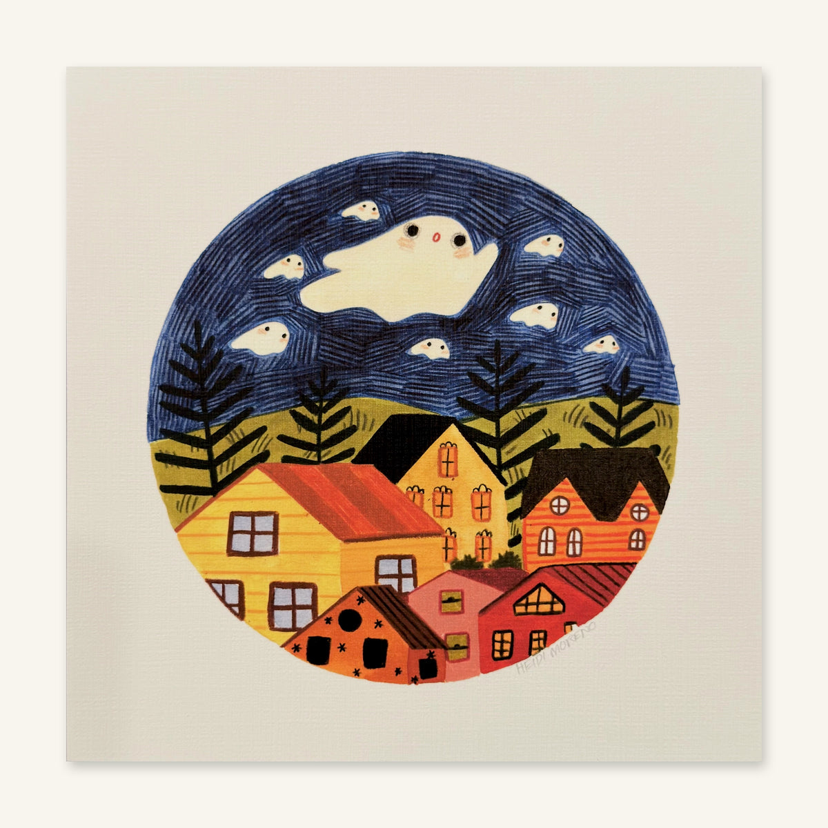 Large white ghost and small ghosts floating in a navy sky above ferns, green hills and colorful houses inside a circle, art print by Heidi Moreno shown flat