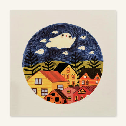 Large white ghost and small ghosts floating in a navy sky above ferns, green hills and colorful houses inside a circle, art print by Heidi Moreno shown flat