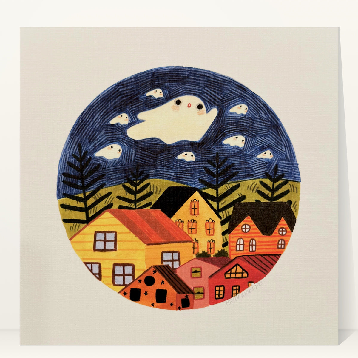 Large white ghost and small ghosts floating in a navy sky above ferns, green hills and colorful houses inside a circle, art print by Heidi Moreno
