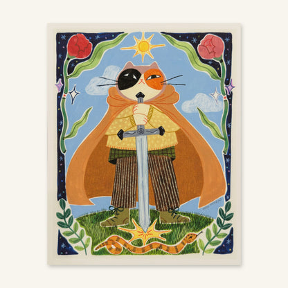 Calico cat in an orange cape holding a large sword planted in the grass with a sun above, a snake below and a border of roses and stars, art print by Heidi Moreno shown flat