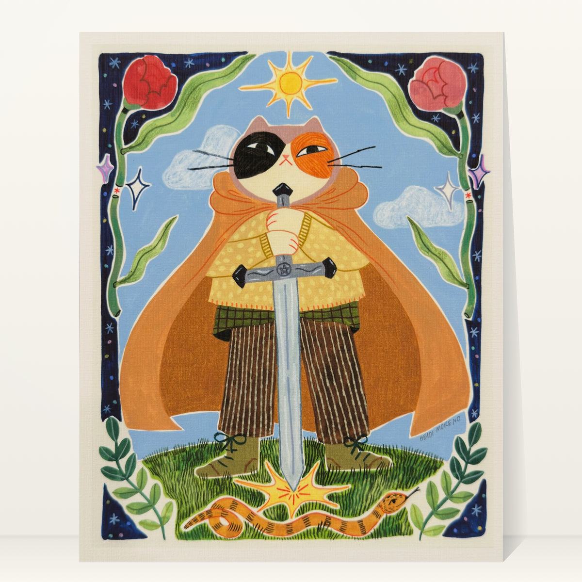 Calico cat in an orange cape holding a large sword planted in the grass with a sun above, a snake below and a border of roses and stars, art print by Heidi Moreno