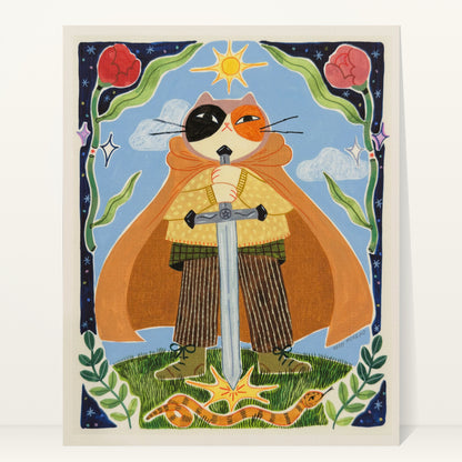 Calico cat in an orange cape holding a large sword planted in the grass with a sun above, a snake below and a border of roses and stars, art print by Heidi Moreno