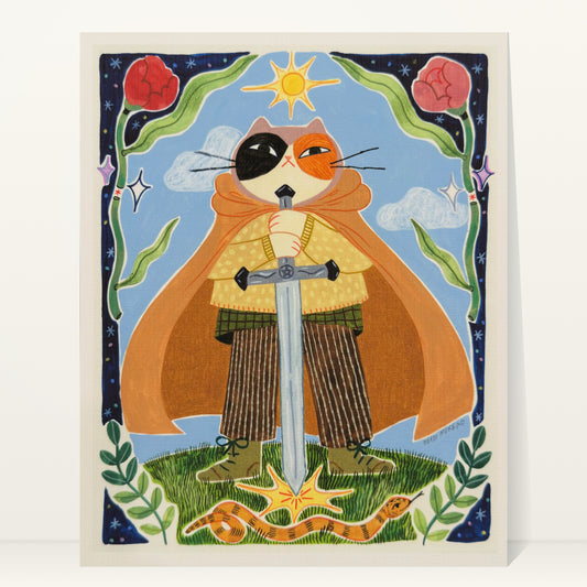 Calico cat in an orange cape holding a large sword planted in the grass with a sun above, a snake below and a border of roses and stars, art print by Heidi Moreno