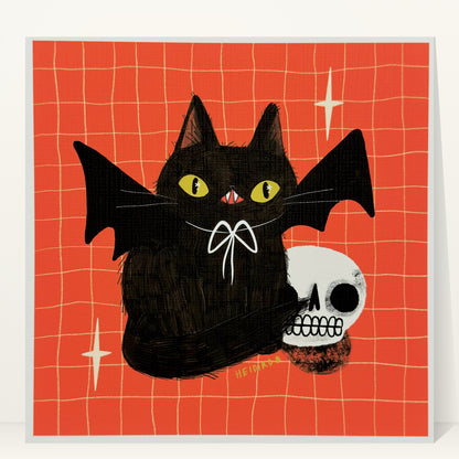 Black cat with bat wings and a white bow beside a grinning skull on a red-orange grid background, art print by Heidi Moreno