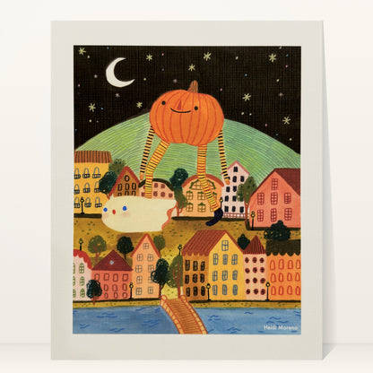 Giant smiling pumpkin on long striped legs walking over a colorful hillside town at night with a small ghost and a crescent moon, art print by Heidi Moreno