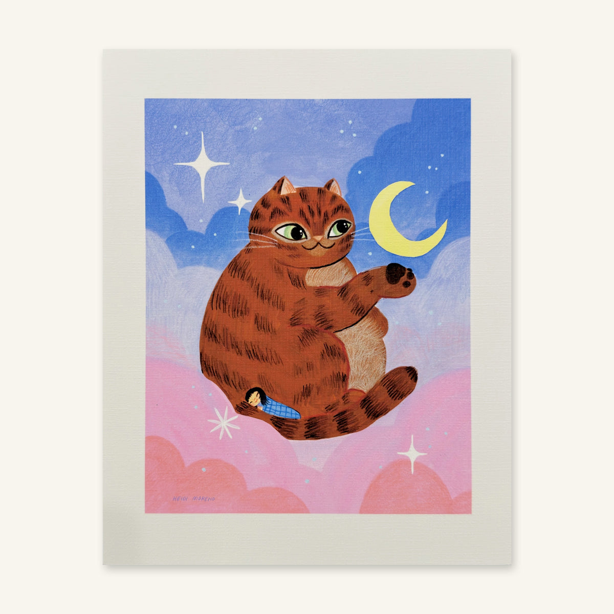 Giant orange tabby cat floating in pink and blue clouds reaching for a crescent moon with a tiny sleeping girl curled in its tail, art print by Heidi Moreno shown flat