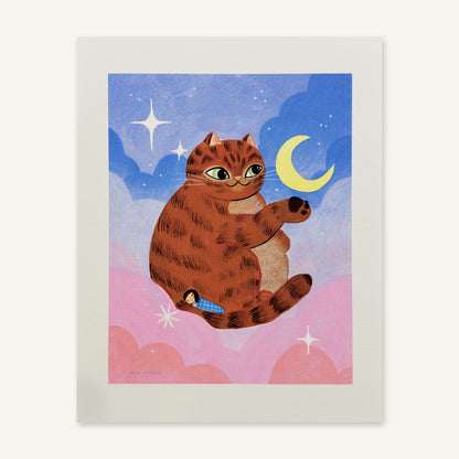 Giant orange tabby cat floating in pink and blue clouds reaching for a crescent moon with a tiny sleeping girl curled in its tail, art print by Heidi Moreno shown flat