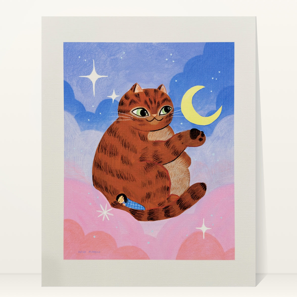 Giant orange tabby cat floating in pink and blue clouds reaching for a crescent moon with a tiny sleeping girl curled in its tail, art print by Heidi Moreno