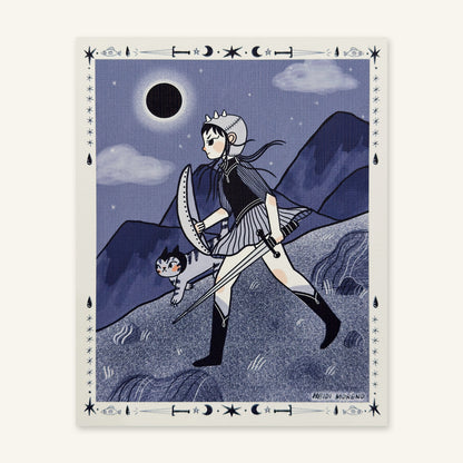 Young warrior with a shield and sword walking with a tabby cat under a total solar eclipse in indigo tones with a tarot-style border, art print by Heidi Moreno shown flat