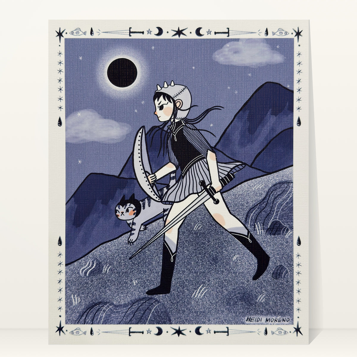 Young warrior with a shield and sword walking with a tabby cat under a total solar eclipse in indigo tones with a tarot-style border, art print by Heidi Moreno