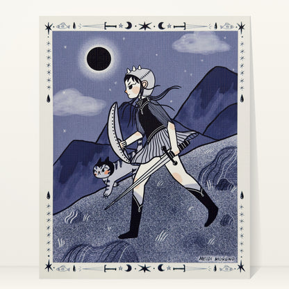 Young warrior with a shield and sword walking with a tabby cat under a total solar eclipse in indigo tones with a tarot-style border, art print by Heidi Moreno