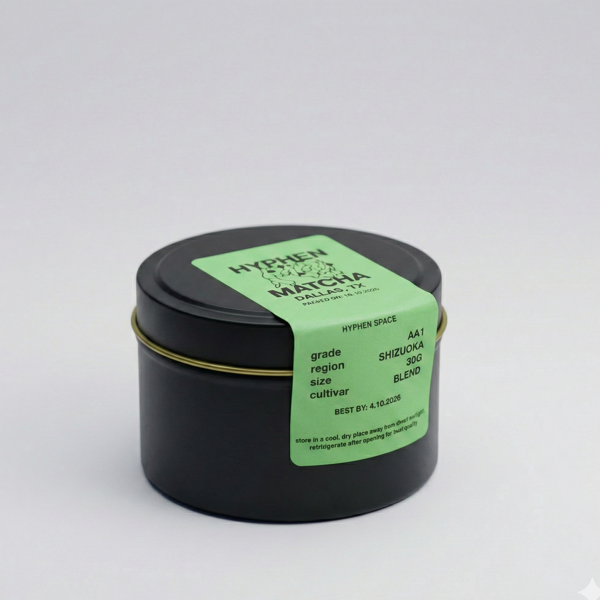 Black container with a green label on a white background